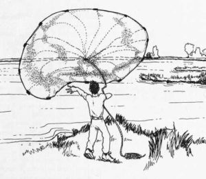 Fig. 1 Casting the cast net from the shore. It can also be cast from a boat.
