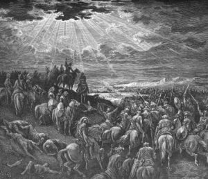 Josué ora a Dios para que el sol se detenga. Grabado de Gustave Doré.
