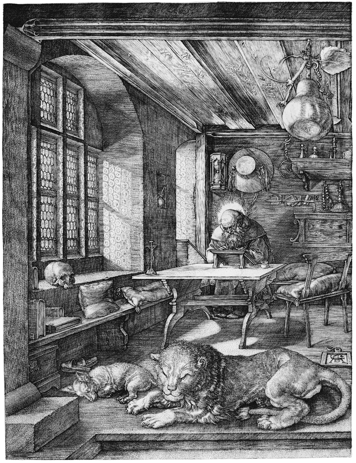 Jerome in his Study. Albrecht Dürer, 1514. National Gallery of Art, Washington DC. Source: Wiki Commons. Note the cardinal’s hat hanging on the wall and the writing instruments on the shelves.
