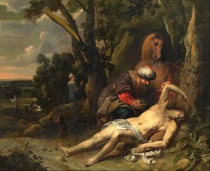 The Good Samaritan (1647), oil on canvas by Balthasar van Cortbemde (1612-1663), shows the Samaritan attending to the wounded man while the Levite and the priest walk away into the distance.