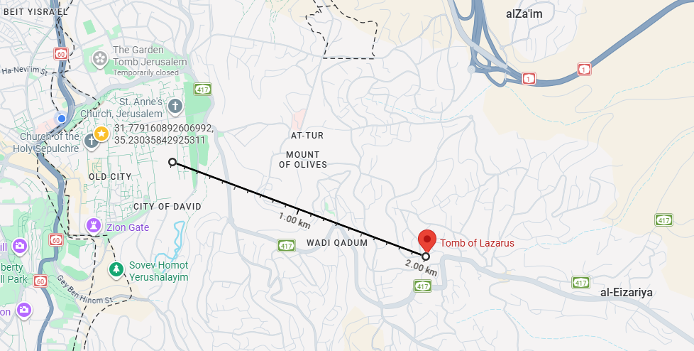 The Tomb of Lazarus is located 2 km as the crow flies from the Old City of Jerusalem, on the eastern slope of the Mount of Olives, in the village of al-‘Ezariyya. Google Maps.