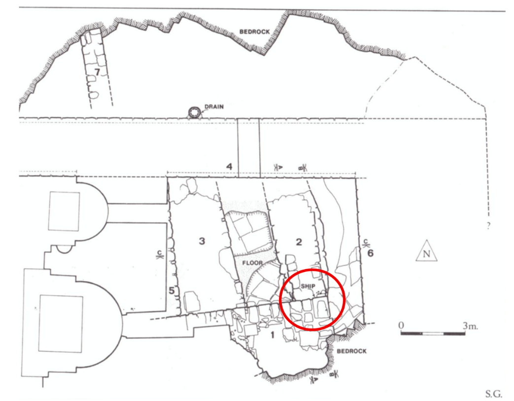 Plan of the excavations of the Chapel of Saint Vartan. The ship drawing (within the red circle) was found at the eastern end of Wall 1 (wall of the temenos of Hadrian’s temple). Source: Broshi & Barkay (1985), p. 120.